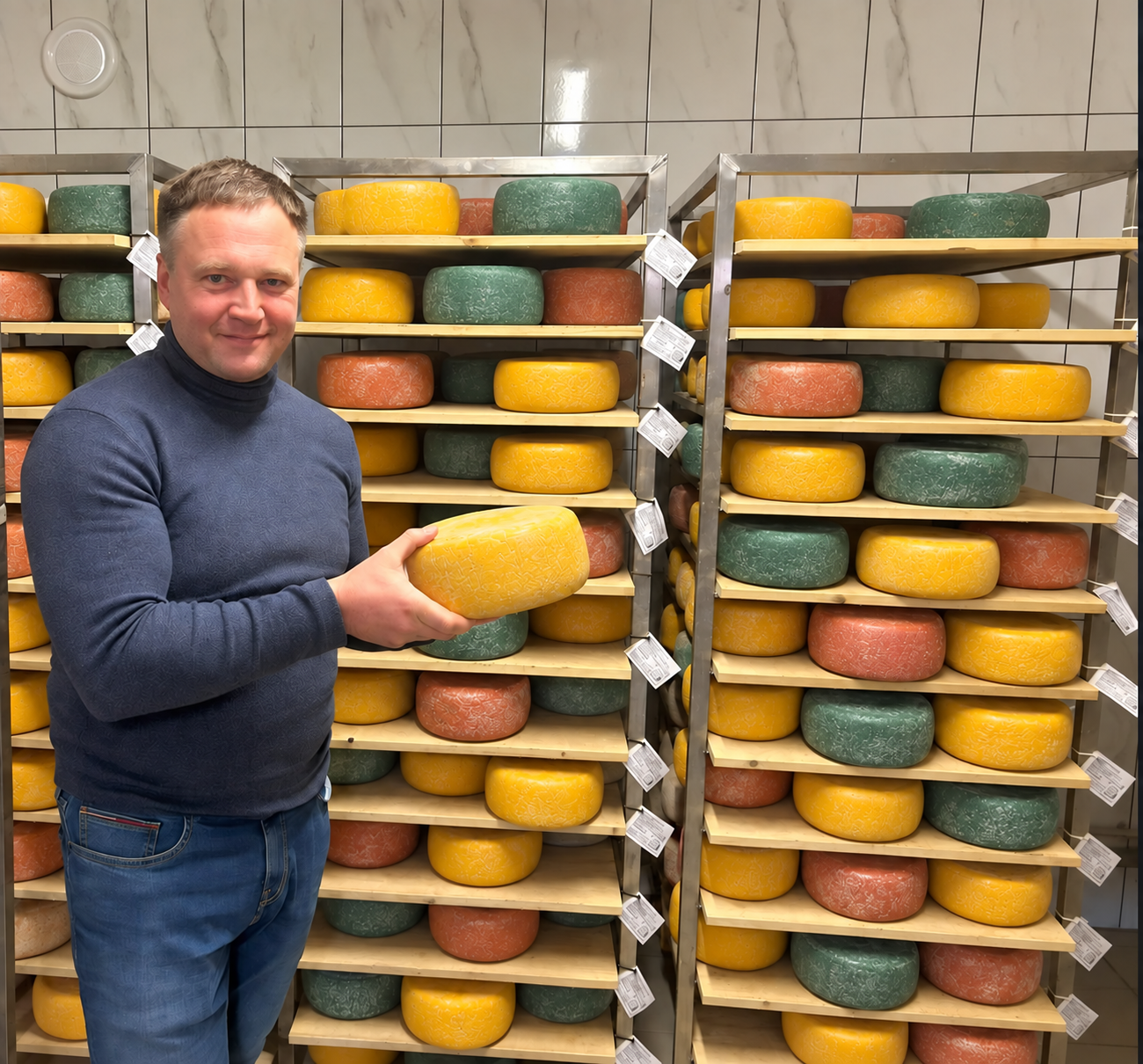Mercio sūrinėje prie spalvotų brandinamų sūrių lentynų